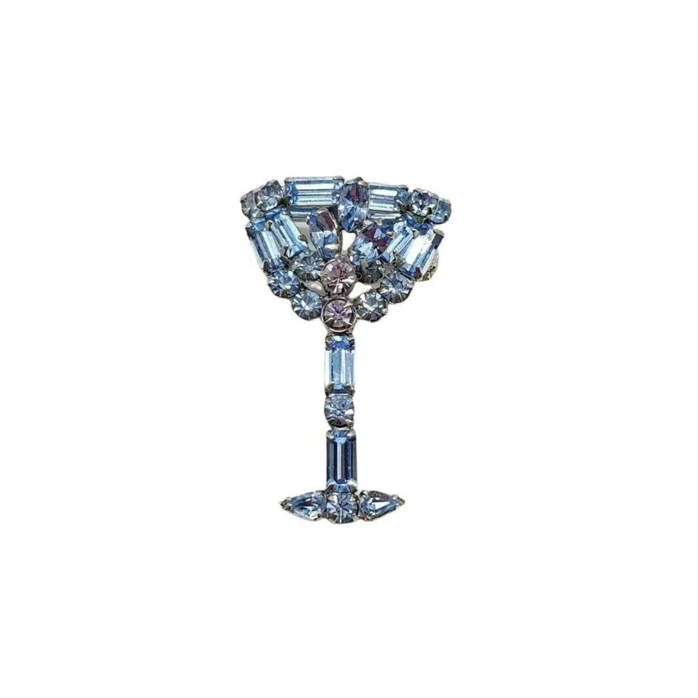 Blue Glass Rhinestone Large Silver Tone Wine Glass Vintage Brooch
